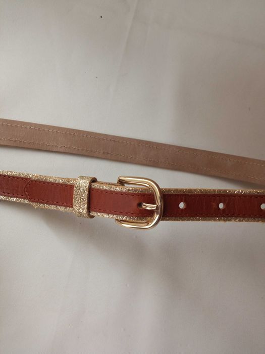 Brązowo-złoty wąski pasek damski dł.80cm