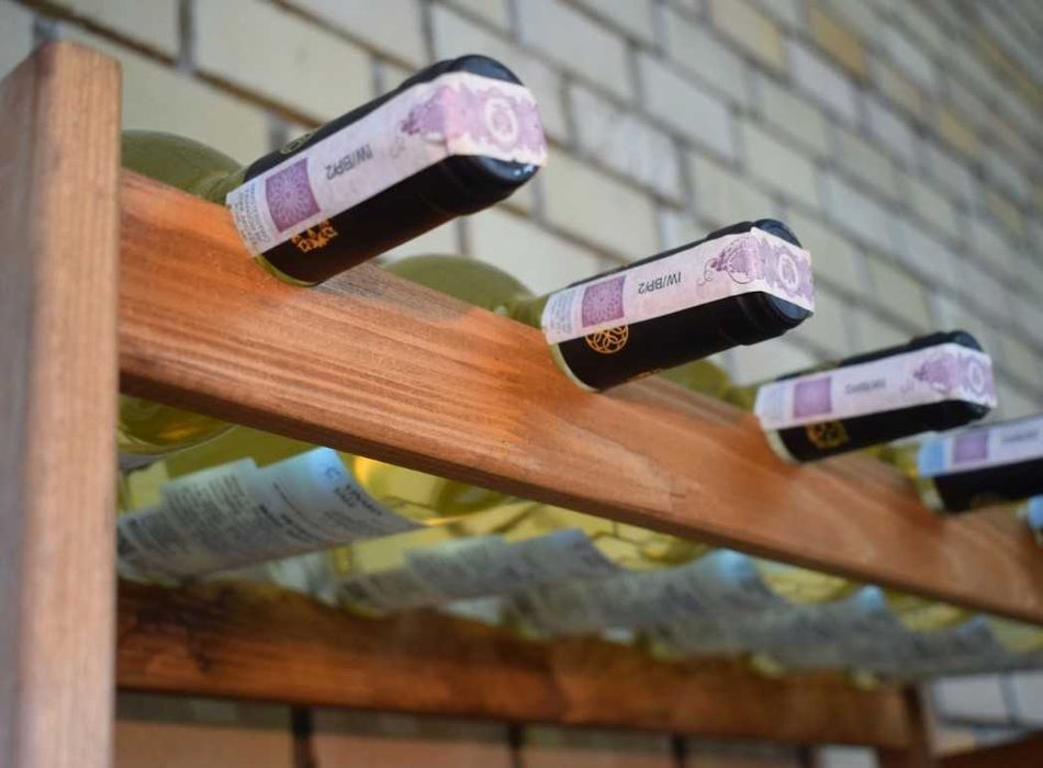 Regał STOJAK NA WINO 56 butelek Brązowy Drewniany 120cm Nowy