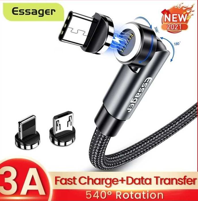 Магнитный USB кабель  Essager с поворотом, 1м, 3А, Type-C