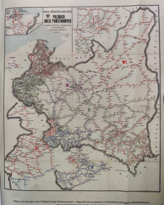 Plakat Mapa Orientacyjnych Polskich Kolei Państwowych z 1939 roku reprint