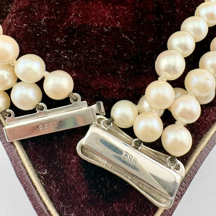 Retro bransoletka perły akoya 3-rzędowa złoto 14 k szafiry 20.5 cm