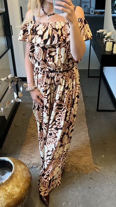 Długi/maxi kombinezon w kwiaty, szeroki, zwiewny, 5XL