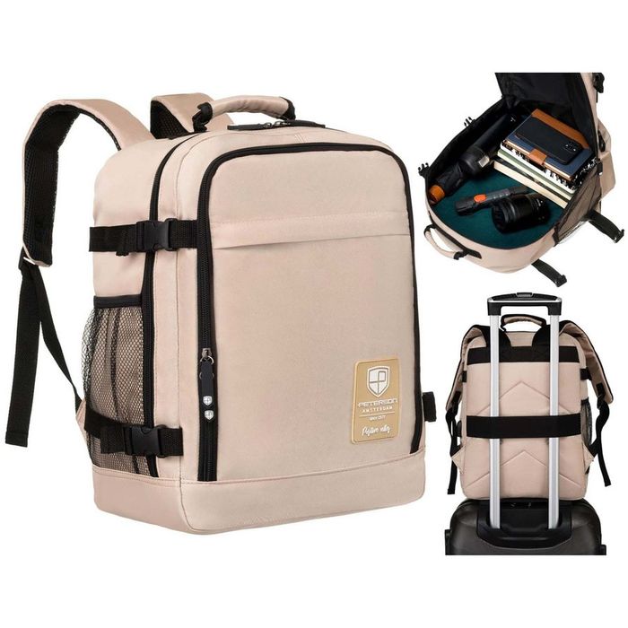 beżowy plecak kabinowy z wodoodpornego poliestru wyposażony w uchwyt