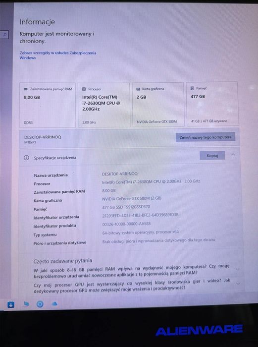 Dell Alienware M18x R1, i7, 8GB ram, ssd 500GB, GeForce GTX580M