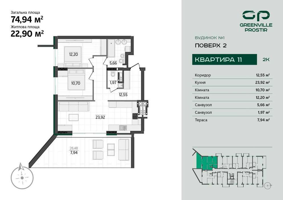 Продаж двокімнатних квартир від 72 м² у ЖК Greenville Prostir