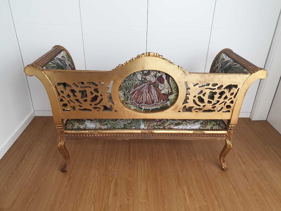 Canapé Antigo Luis XV I Folha de Ouro e Tecido Gobelin RESTAURADO