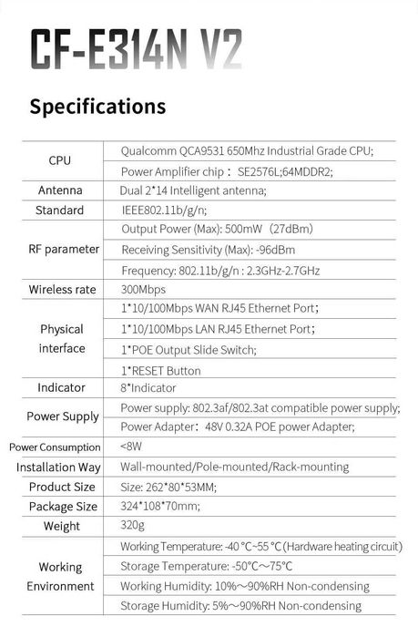 Acess Point Outdoor 300M 2.4Ghz Wi-Fi AP Bridge Dual 2*14dBi Antenna