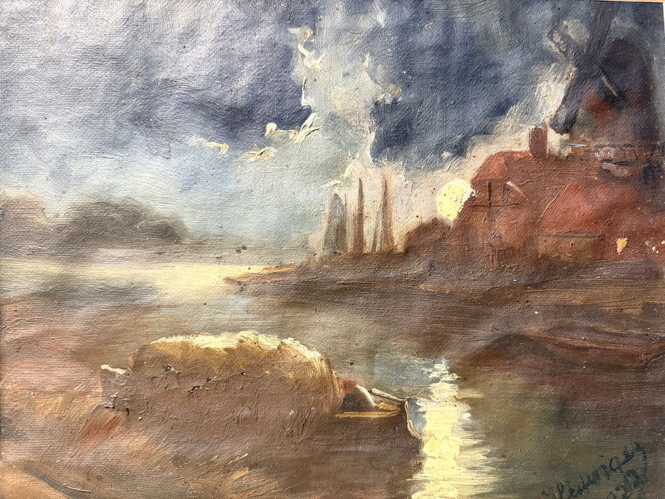 Antiga pintura de paisagem marítima em óleo sobre tela - assinada