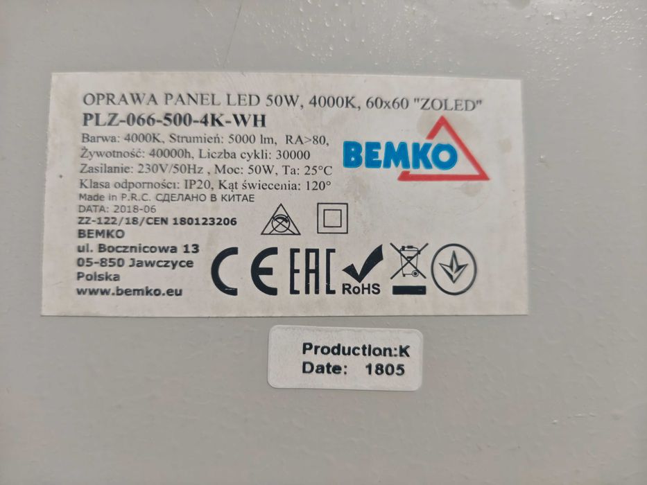OPRAWA PANEL LED 50W, 4000 K 60x60 ZOLED 5000lm BEMKO