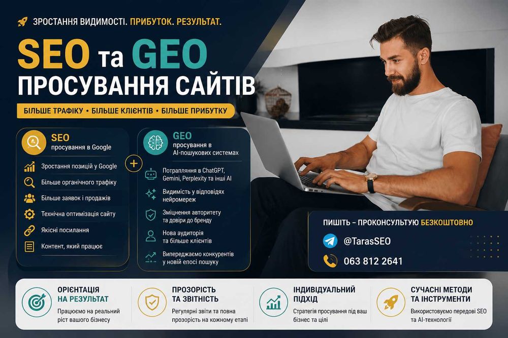Сео та GEO просування. Великий досвід. Розкрутка сайту Гугл та АІ