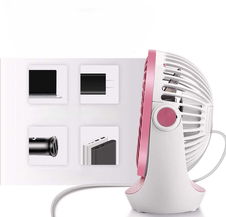 Wentylator biurkowy USB 360°, 3 prędkości, cichy, przenośny, różowy
