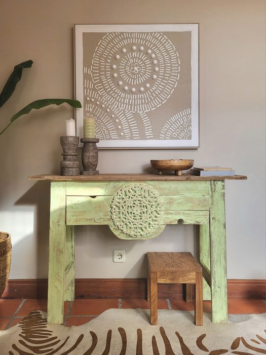 consola, aparador, mesa, talha, verde decape, rustico