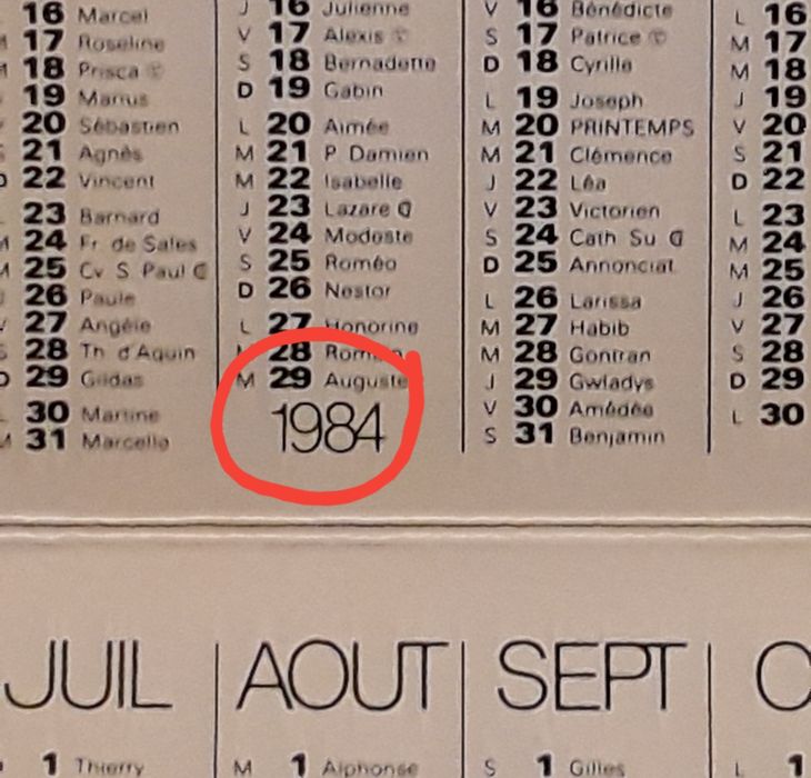 Calendário de bolso francês ano 1984