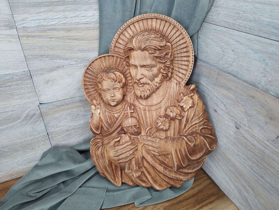 Płaskorzeźba drewniana na prezent obraz na ściane Święty Józef 30 cm