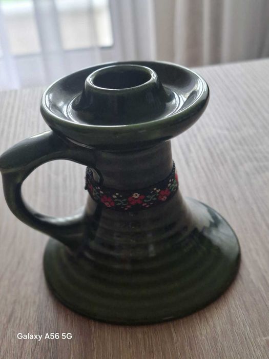Ceramiczny świecznik z uszkiem Gmundner Keramik Austria vintage zielony rękodzieło
