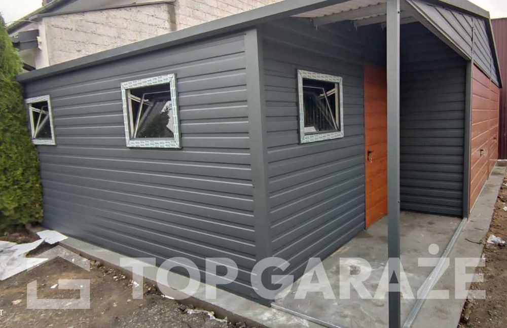 Garaż blaszany z wiatą / 9x6 / Producent / Transport montaż