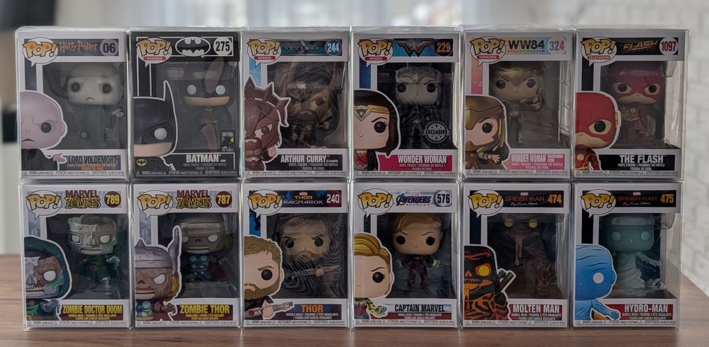 Funko Batman, Wonder Woman, Aquaman, Voldemort, Thor, Spider-Man