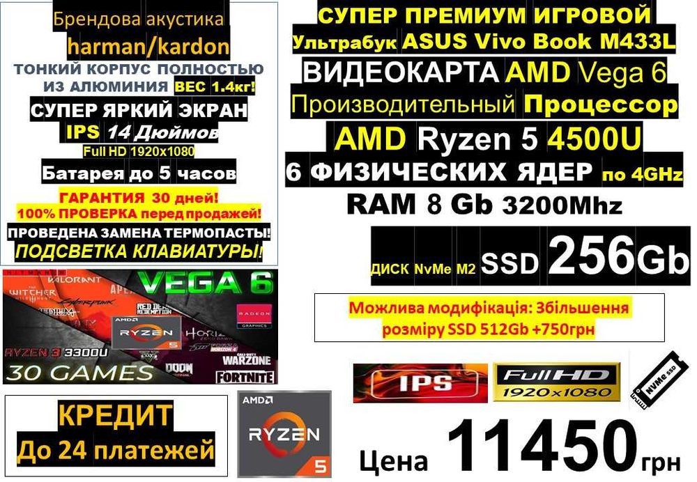 є70ноутів Trade-in‼️Ноутбук ASUS 14 IPS/Ryzen 5 6яд/Vega 6/SSD 256/8Gb