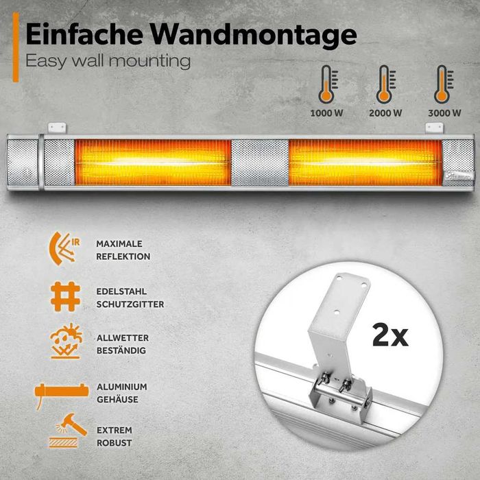 Promiennik podczerwieni TRESKO 2000W srebrny z pilotem grzejnik