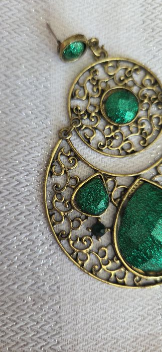 Kolczyki boho XXL zielone szmaragdowe ażurowe złote glamour vintage
