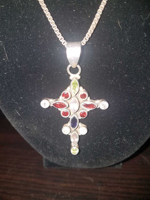 Prata Colar Antigo com Cruz em Prata e Pedraria