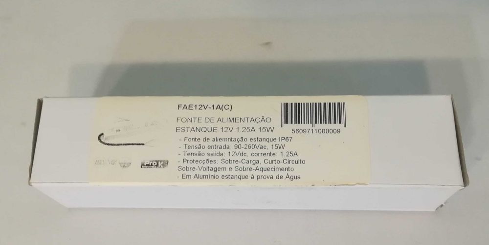 (NOVA) Fonte alimentação ProK para fita de LED estanque IP67 15W 12VDC
