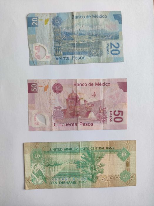 Notas estrangeiras antigas várias Espanha, México, Bélgica, Emirados