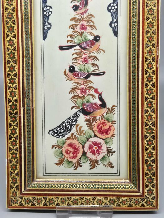 Obraz Khatam Persja intarsja ręcznie robiona Ptaki Kwiaty XX w.