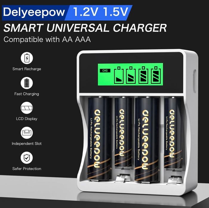 Akumulatory litowe Delyeepow AA 3500 mWh, zestaw 4 sztuk ładowarka LCD