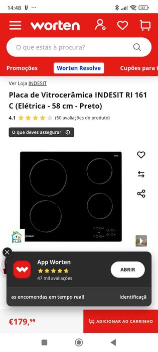 Placa de Vitrocerâmica INDESIT RI 161 C (Elétrica - 58 cm - Preto)