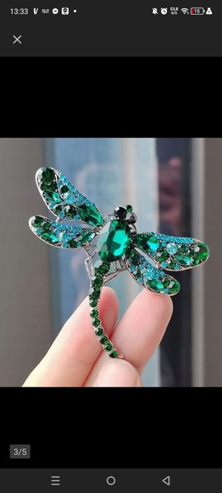 Nowa broszka ważka z kryształami i cyrkoniami duża szmaragdowa