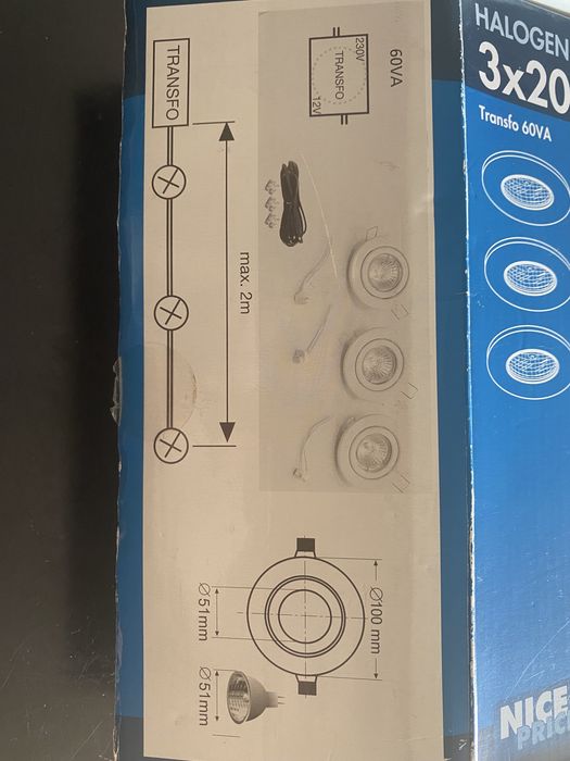 Halogen 12V 3 szt. Transformator 60V oprawy