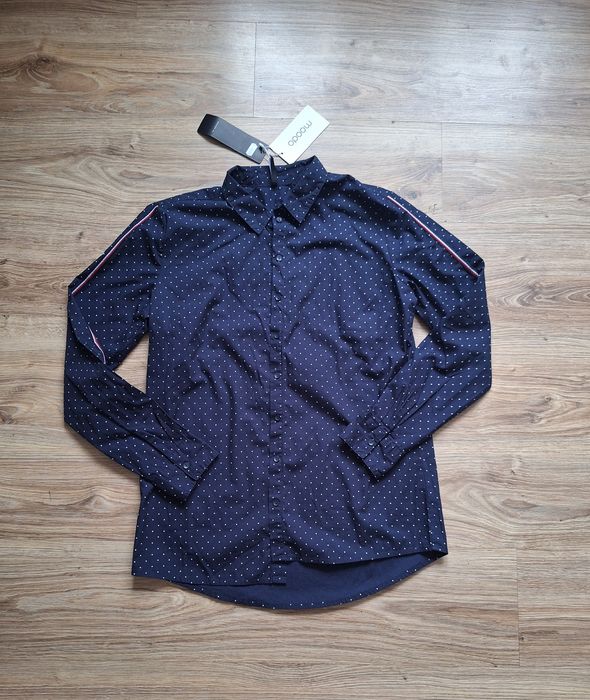 Świetna NOWA elegancka granatowa koszula w kropki L 100% bawełna