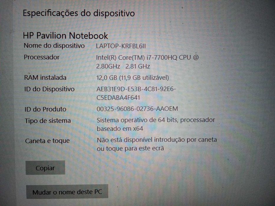 HP Pavilion - i7 7700 a 2,8Ghz com referência 15-bc201np