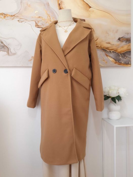 Płaszcz Damski Klasyczny Długi Brązowo Beżowy Camelowy Lily Rose