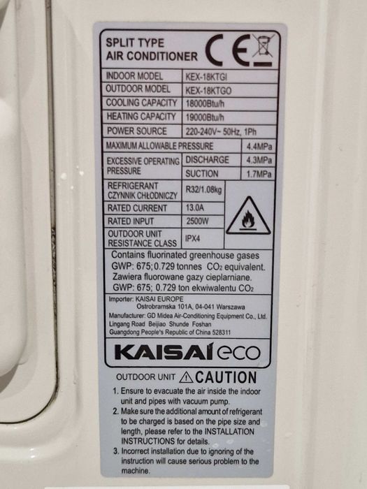 Klimatyzator Ścienny KAISAI ECO KEX-18KTGI/KEX-18KTGO Komplet Sprawny