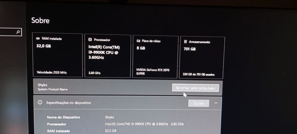 PC gamer i9 9° geração RTX 2070 super