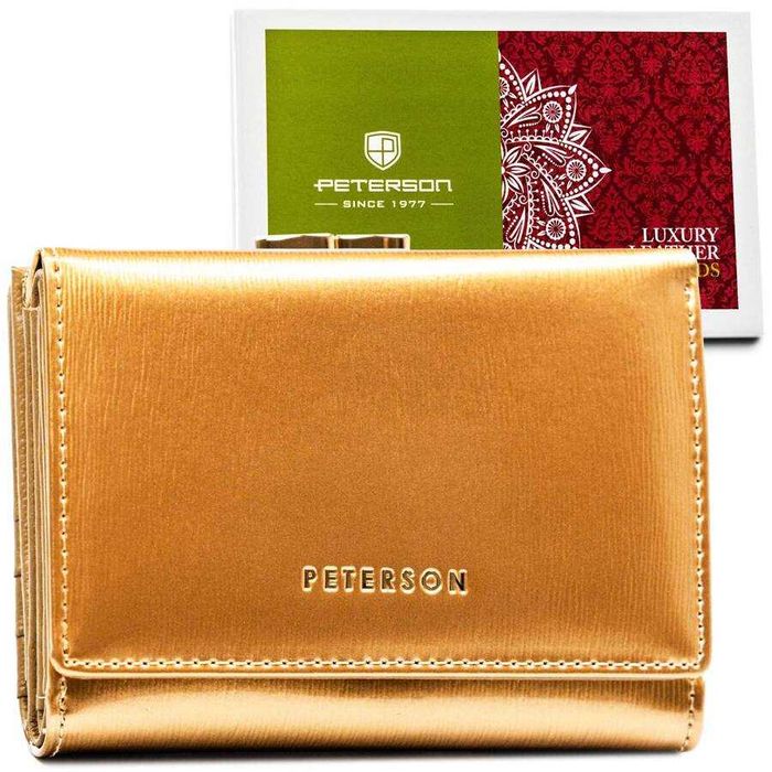 Modny portfel damski złoty z lakierowanej skóry naturalnej