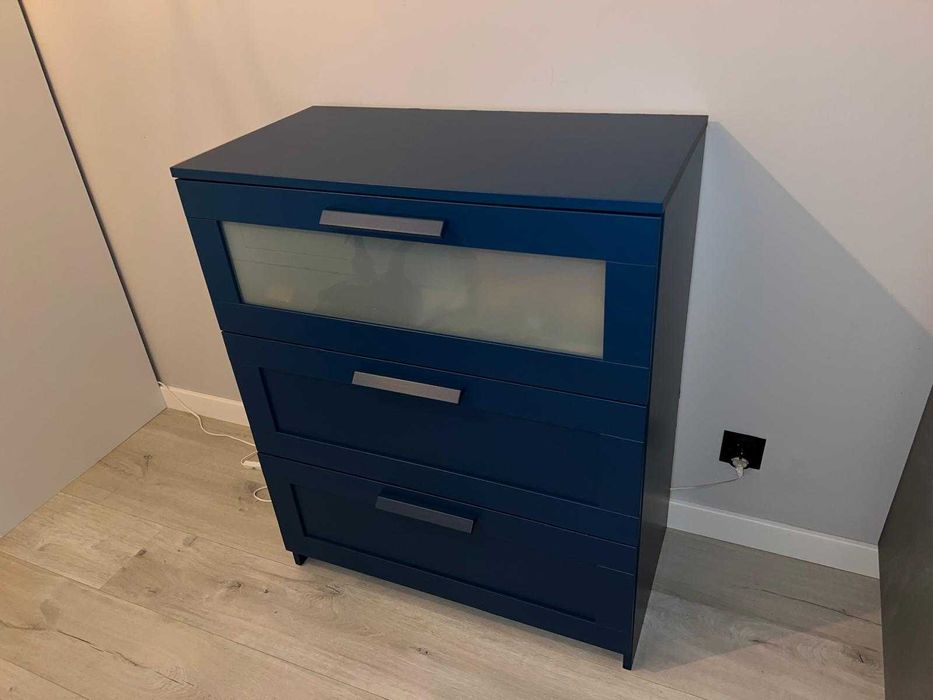 Komoda BRIMNES, 3 szuflady, niebieska/szkło matowe, 78x95x46 cm