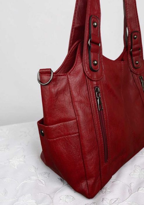 Czerwona Torebka Shopper Bag Skóra Ekologiczna Duża Na Ramię