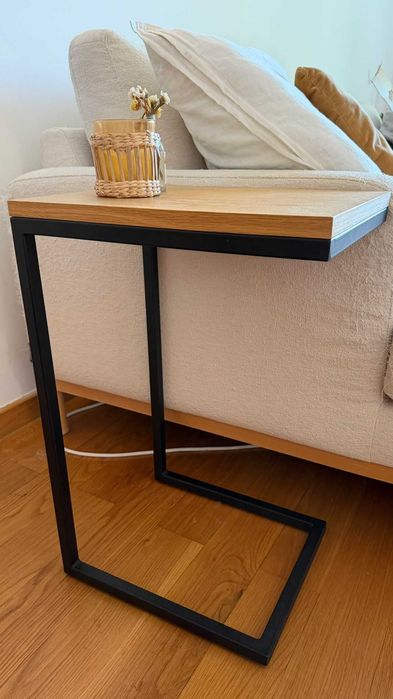 mesa de apoio sofá sala em madeira carvalho e metal