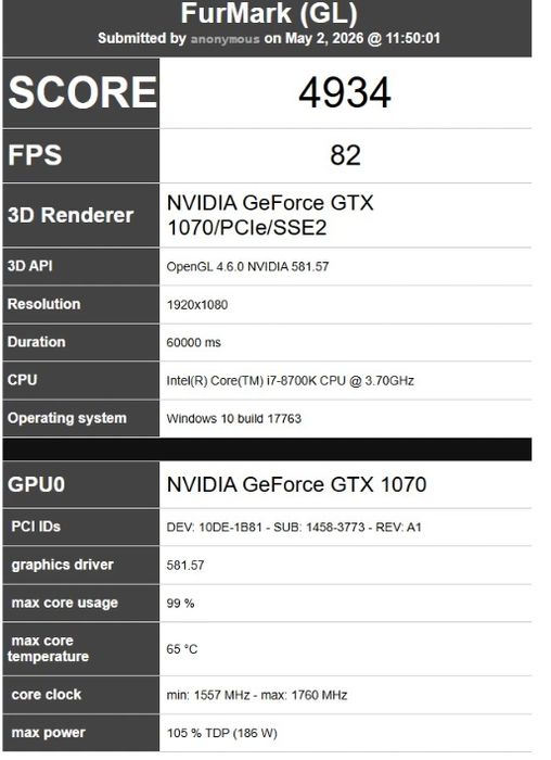 Відеокарта Nvidia GTX 1070 8 ГБ(Sumsung)GDDR5