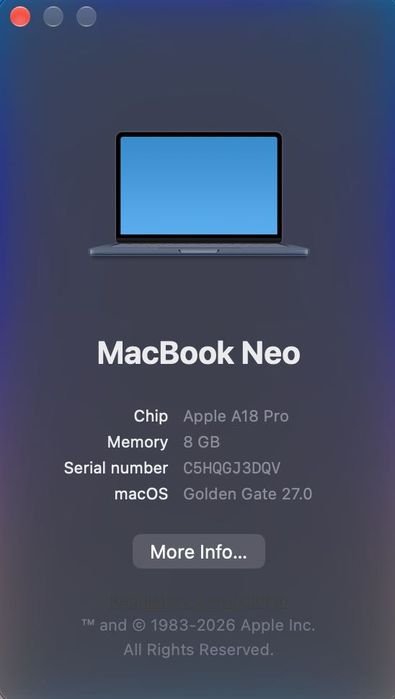 MacBook NEO A18 Pro/6 CPU/5 GPU/ 8/ 512 GB/ Indigo MHFG3
