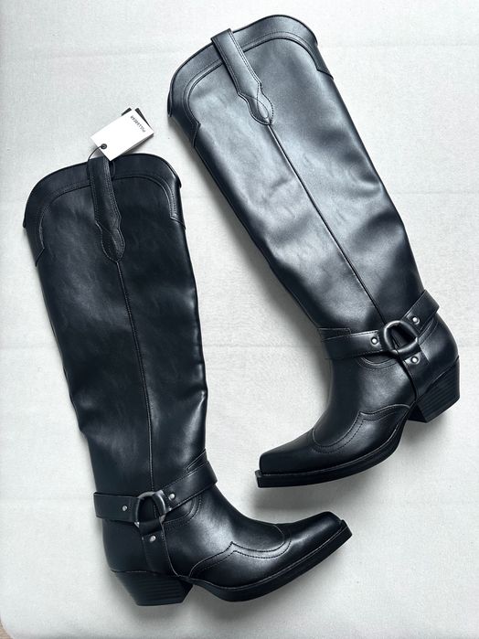 Pull&Bear kowbojki wysokie czarne skóra eko szpic kowbojskie NOWE 38