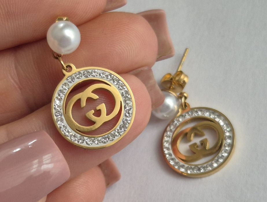 Złote, wiszące kolczyki gg Cudo lv ysl cc