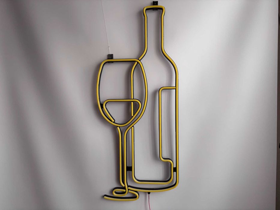 Неонова вивіска "Пляшка вина" лимонно-жовта, 800*326 мм
