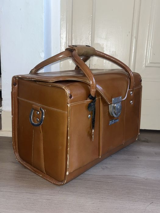 Mala de fotografia Vintage em pele, anos 70 Nikon