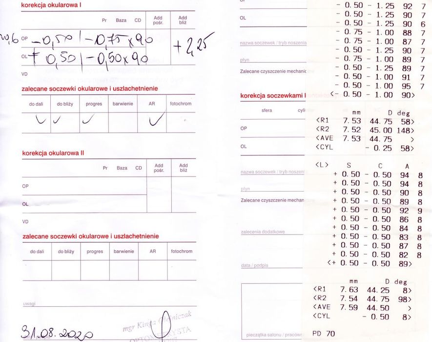 Okulary progresywne -0,5 D -0,75 D Prawe +0,5 D -0,5 D Lewe. Używane.