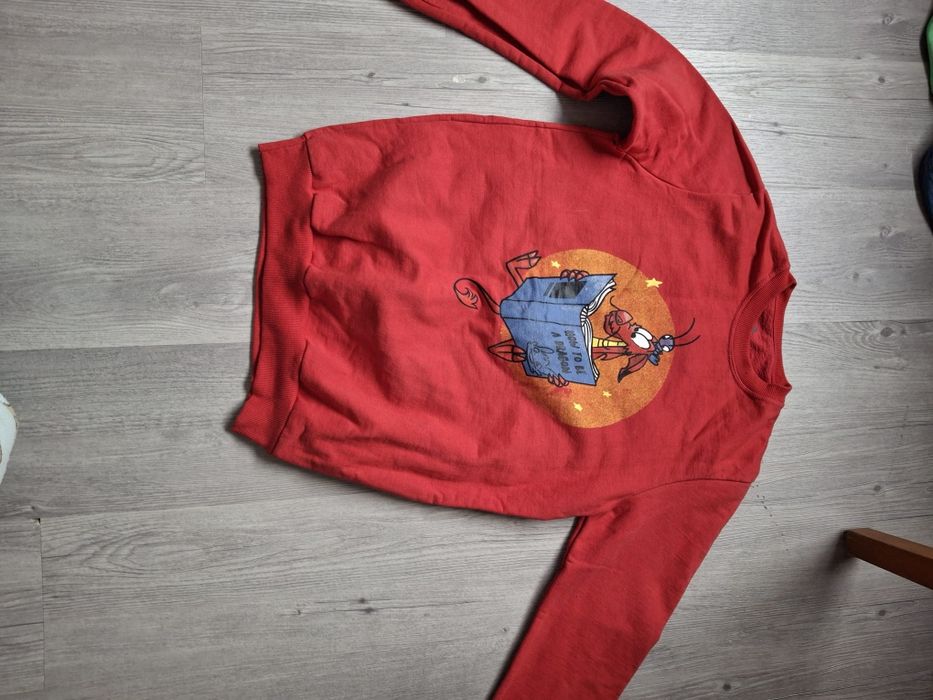 Moletom vermelho com desenho na parte da frente e lixo na parte de tra