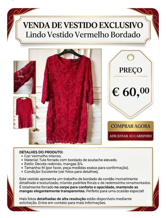 Deslumbrante Vestido Vermelho - Bordado de Luxo com Tule e Guipure